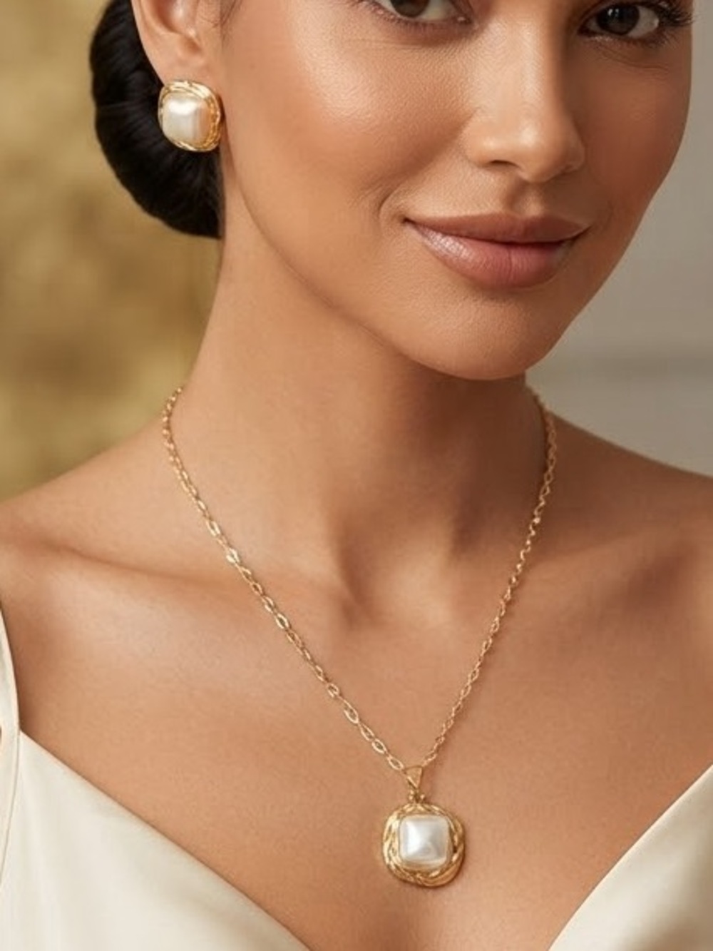 Gold Pearl Accent Necklace Set -Stainless Steel